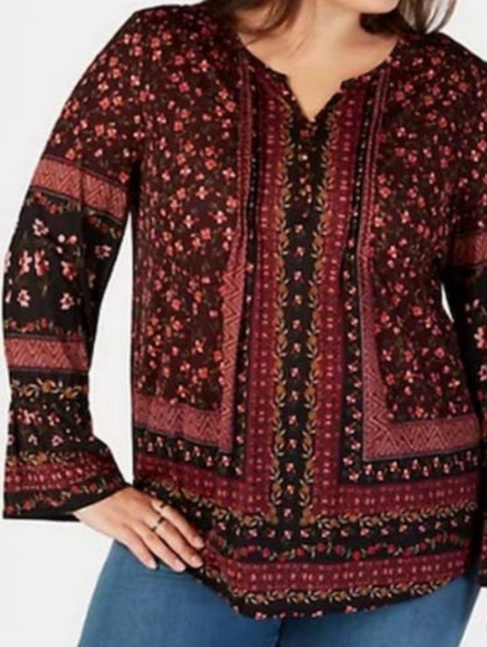 Style & Co. Boho Floral Peasant Blouse in Black and Magenta Size 1X